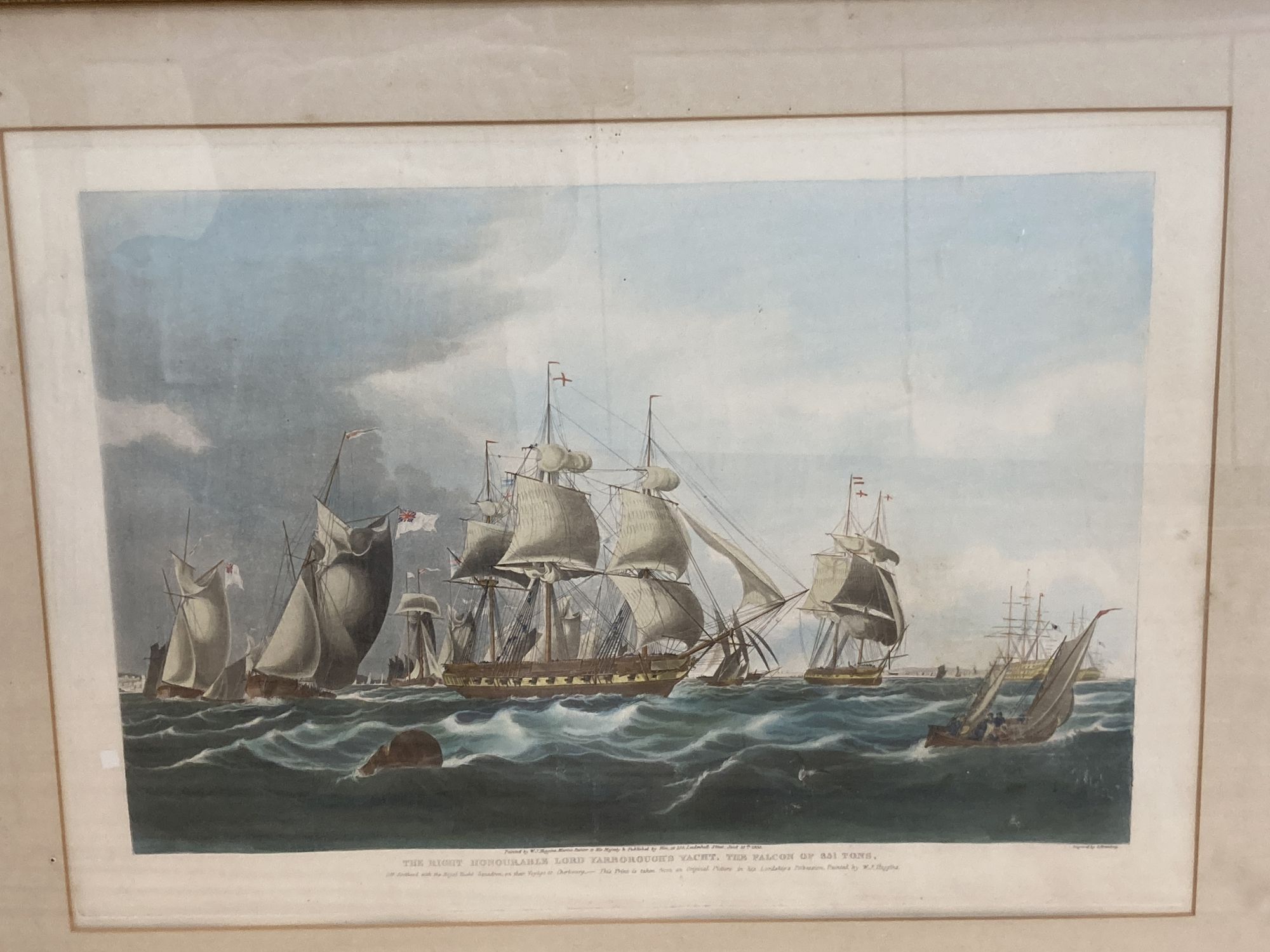 Rosenberg after Huggins, coloured aquatint, Lord Yarboroughs' yacht 'The Falcon', 43 x 62cm, an engraving of Greenwich after Duncan and a French colour print of an English frigate